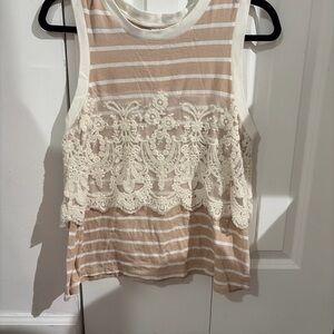 Anthropologie Tan and White Lace Tank Top
